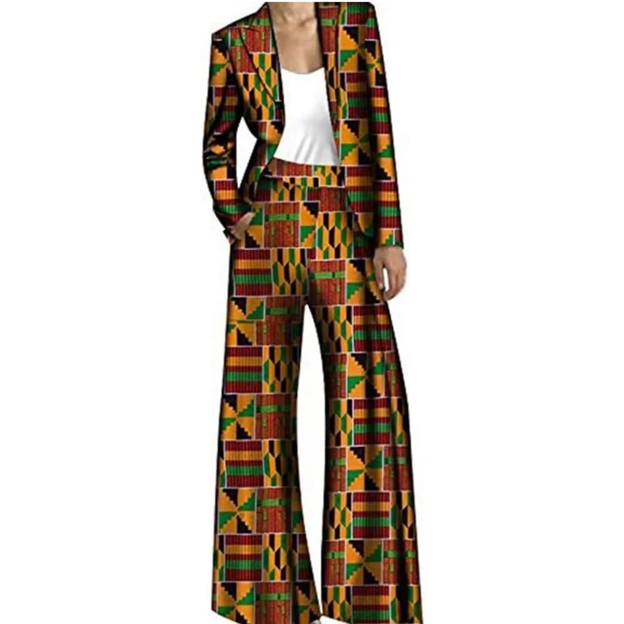 Traditional African pantsuit with a Kente print design. Includes a fitted jacket and wide-leg trousers, perfect for cultural fashion statements.