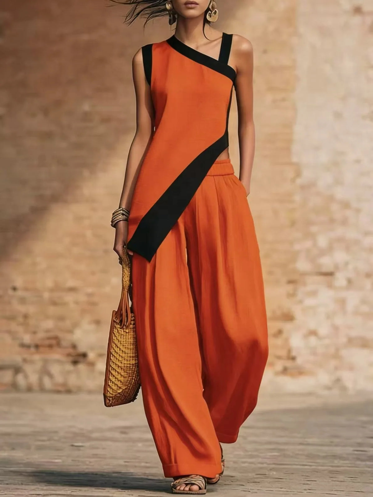 Asymmetric Two-Piece Tunic & Wide-Leg Pants Set