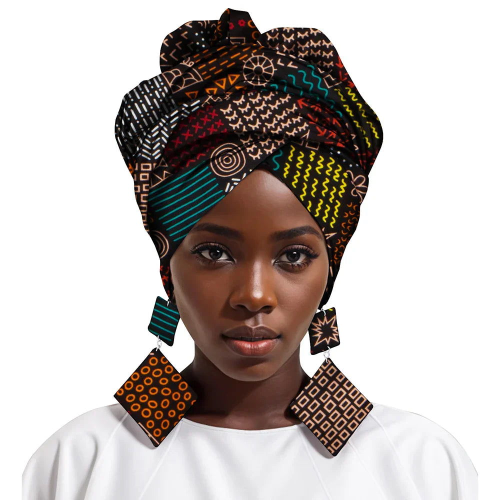 African Gele Head Wrap Scarf with Matching Earrings