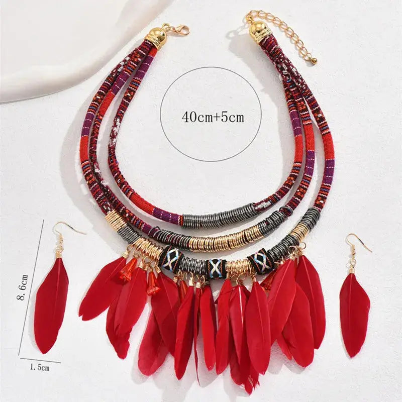 Crimson Cascade: Afrocentric Beaded Necklace and Earrings Set