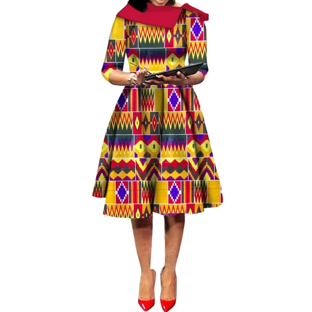 African Ankara Wax Print Midi Dress with a multicolored geometric pattern, inspired by traditional African textiles.