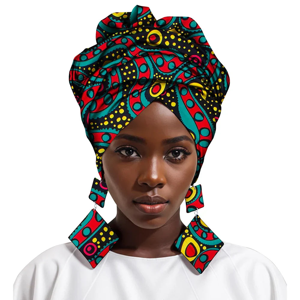 African Gele Head Wrap Scarf with Matching Earrings