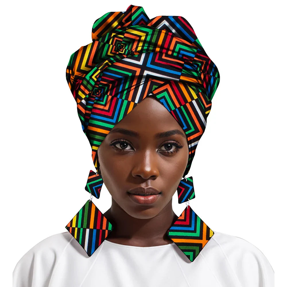 African Gele Head Wrap Scarf with Matching Earrings