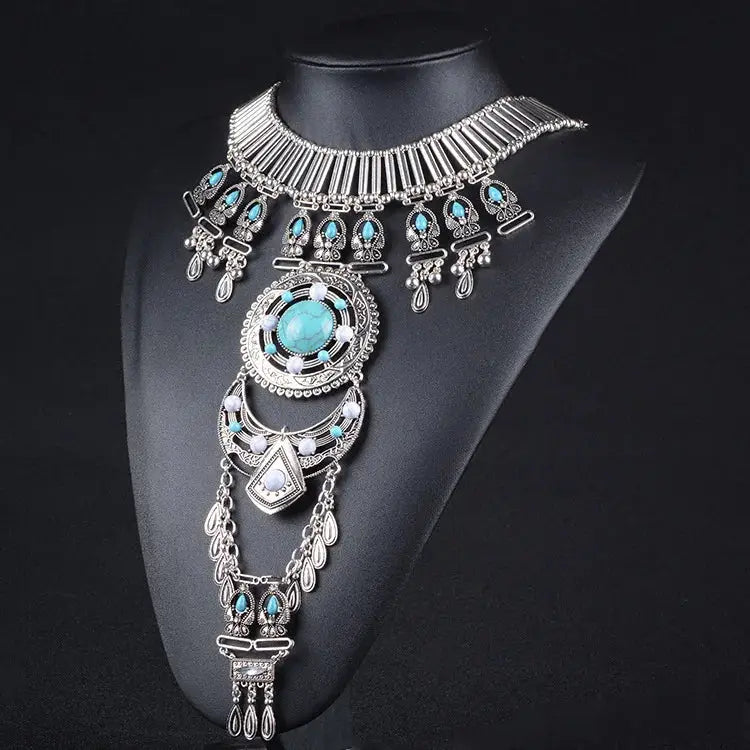 Bohemian Silver Statement Necklace with Turquoise Accents