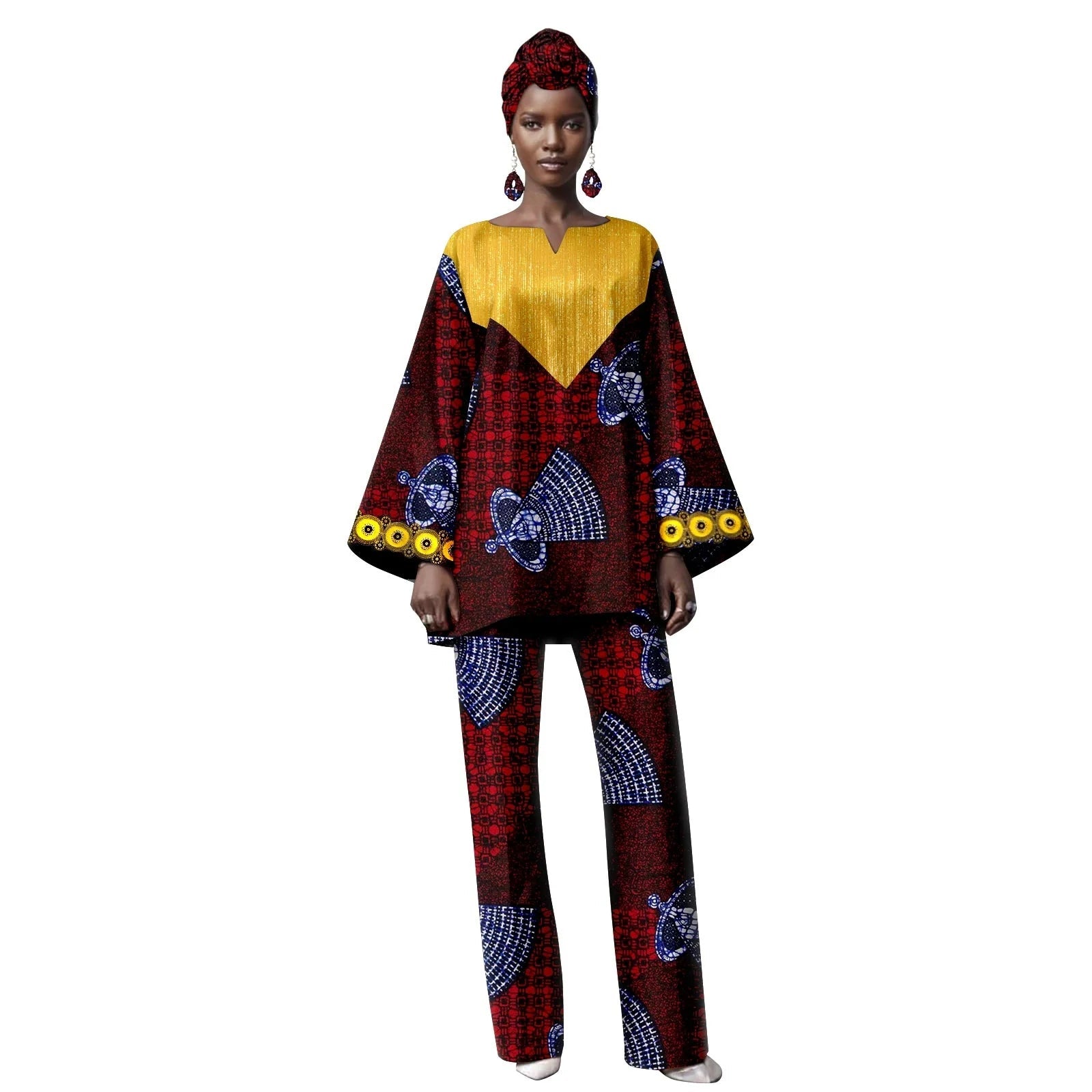 Woman wearing a colorful outfit with a patterned top and pants on a white background, branded &