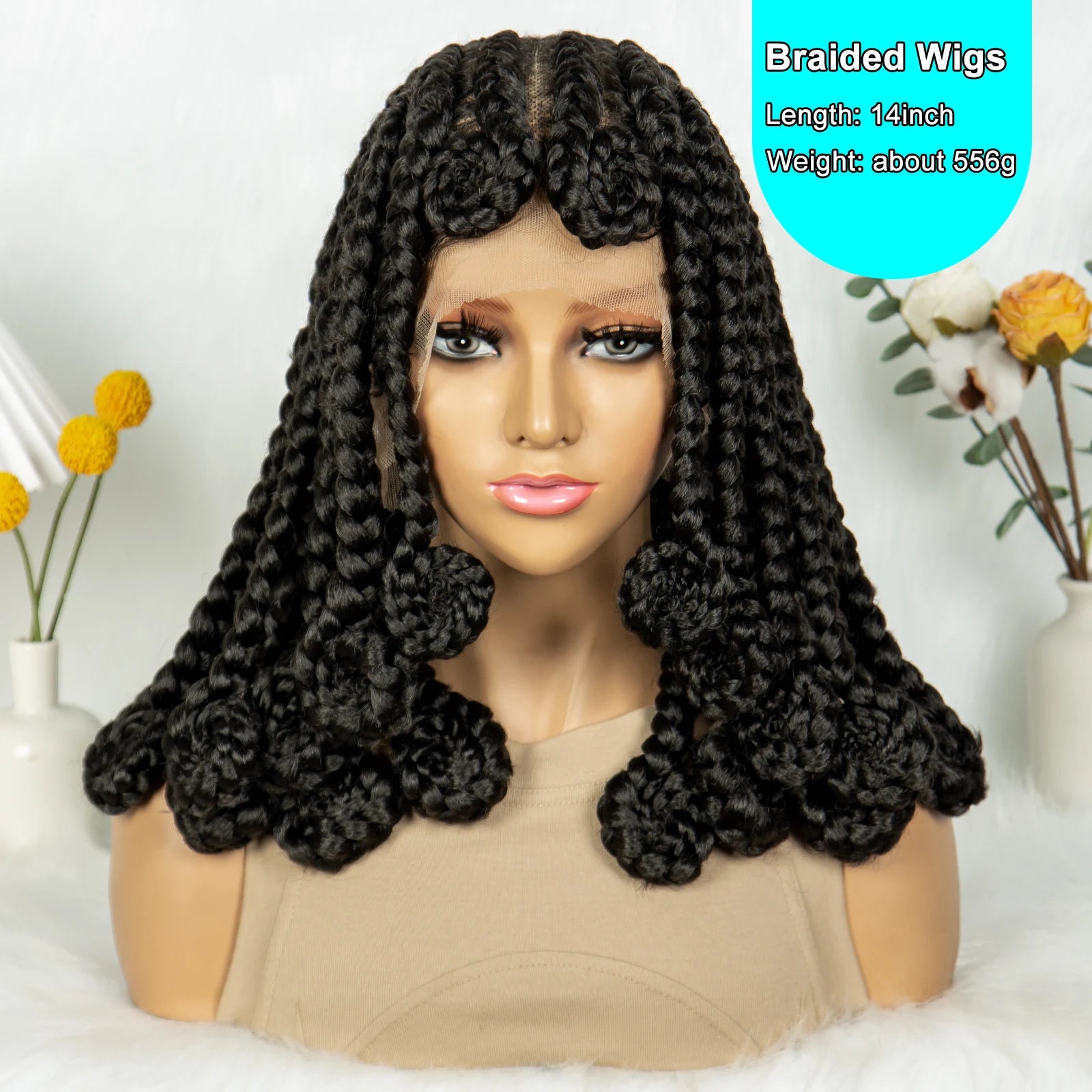 Mannequin head with a black braided wig on a white background with decorative elements.