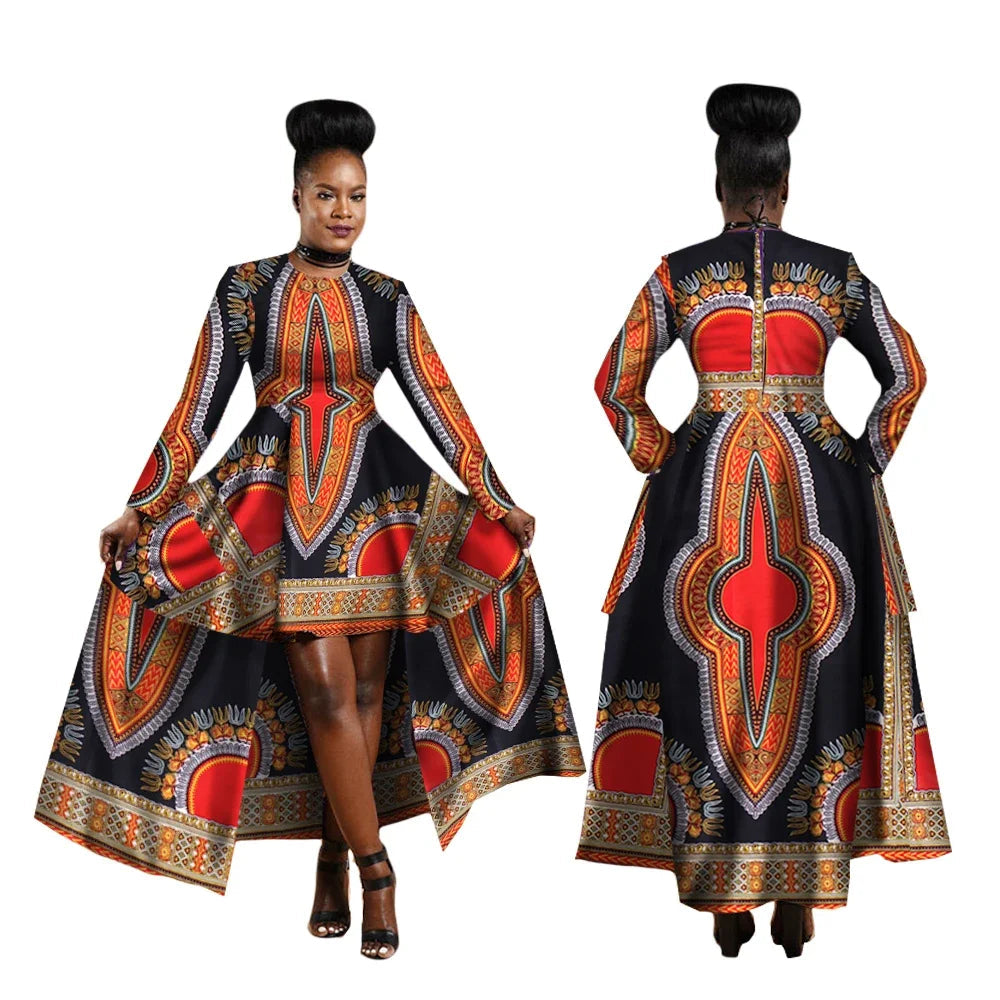 Woman wearing a colorful traditional dress with a prominent pattern, displayed from front and back views. Brand &