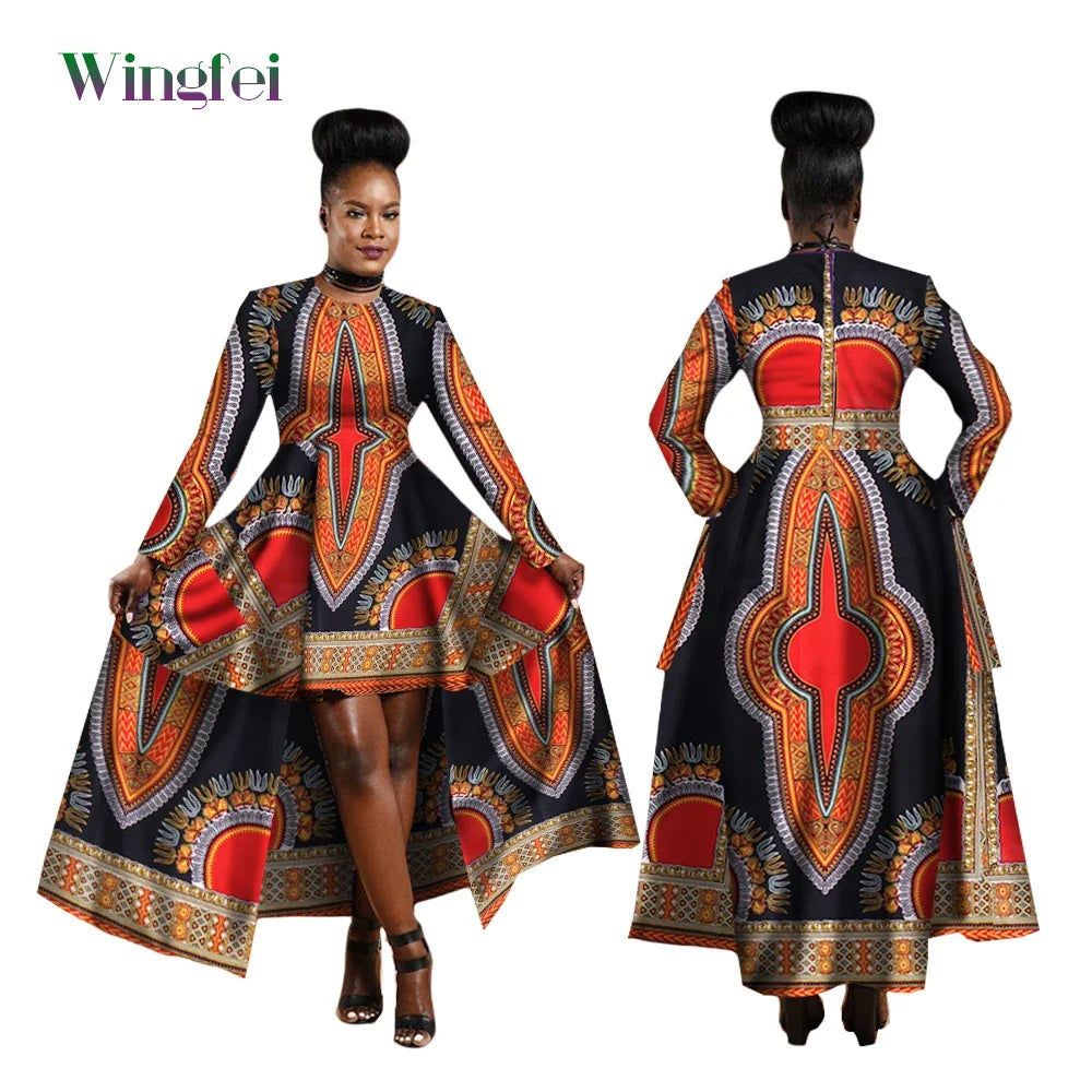 Robe Africaine Hi-Low Dashiki Vert, Or et Rouge pour orner toutes les morphologies du XS au 6X