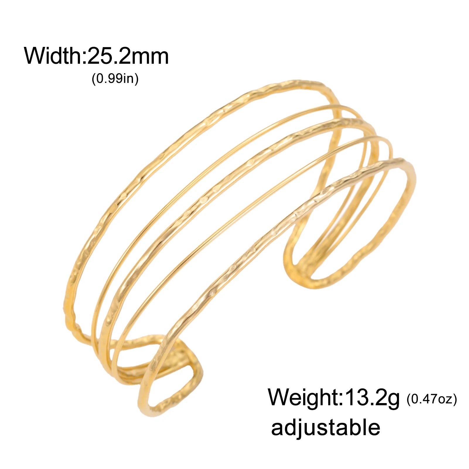 Gold Multi-Layer Wire Hair Cuff — 18K Gold Plated Hammered Stainless Steel Open Bangle