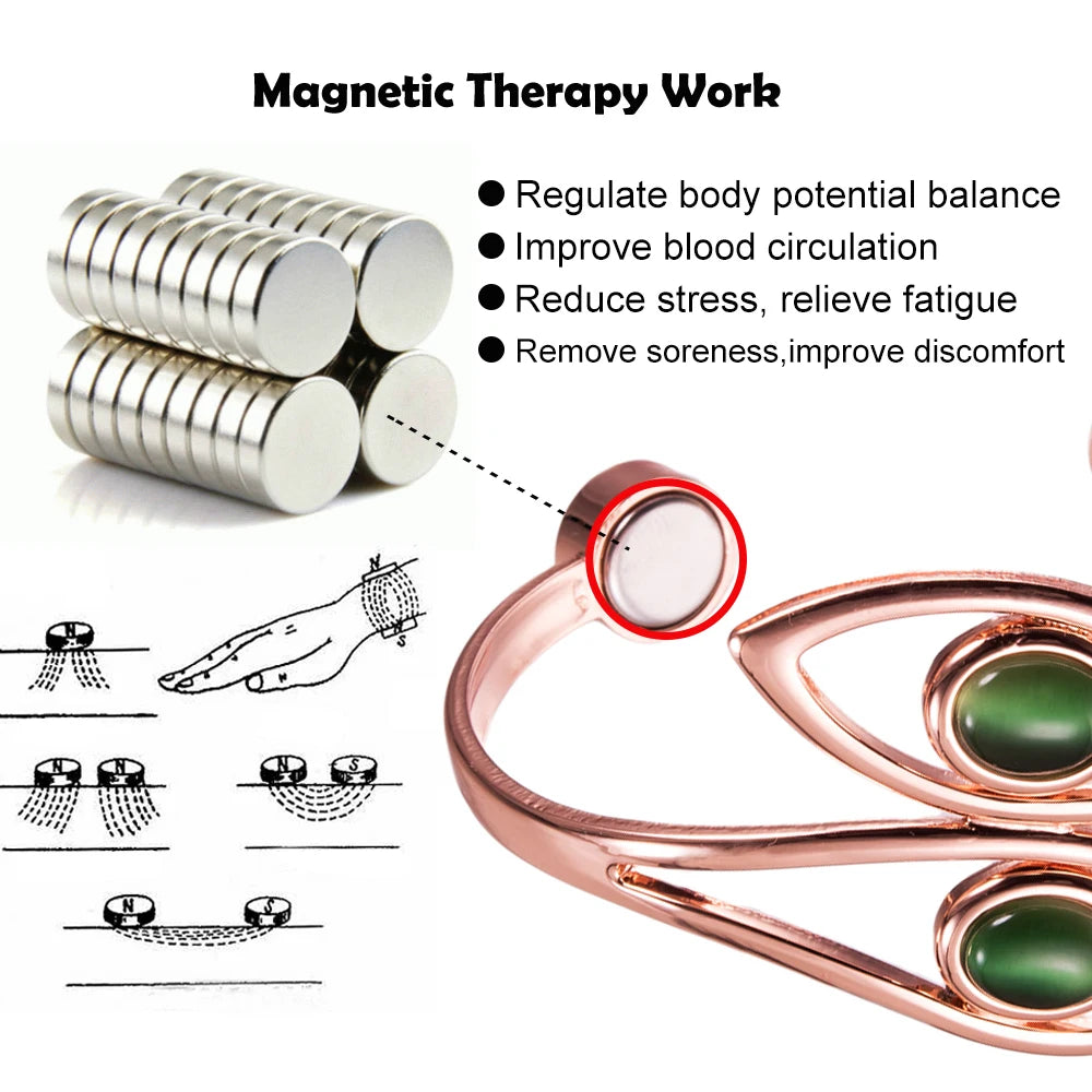 Magnetic therapy earplugs shown on a white background with marketing text, including bullet points about regulating body potential, improving circulation, reducing stress, and relief of discomfort. Diagrams of magnetic therapy are also included.