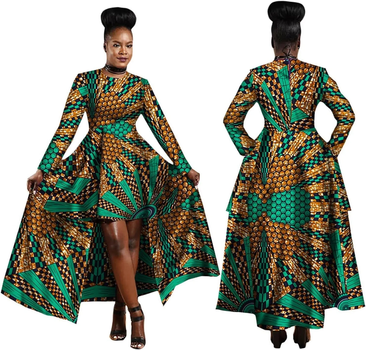 Woman wearing a long, patterned dress with green and brown colors on a white background.