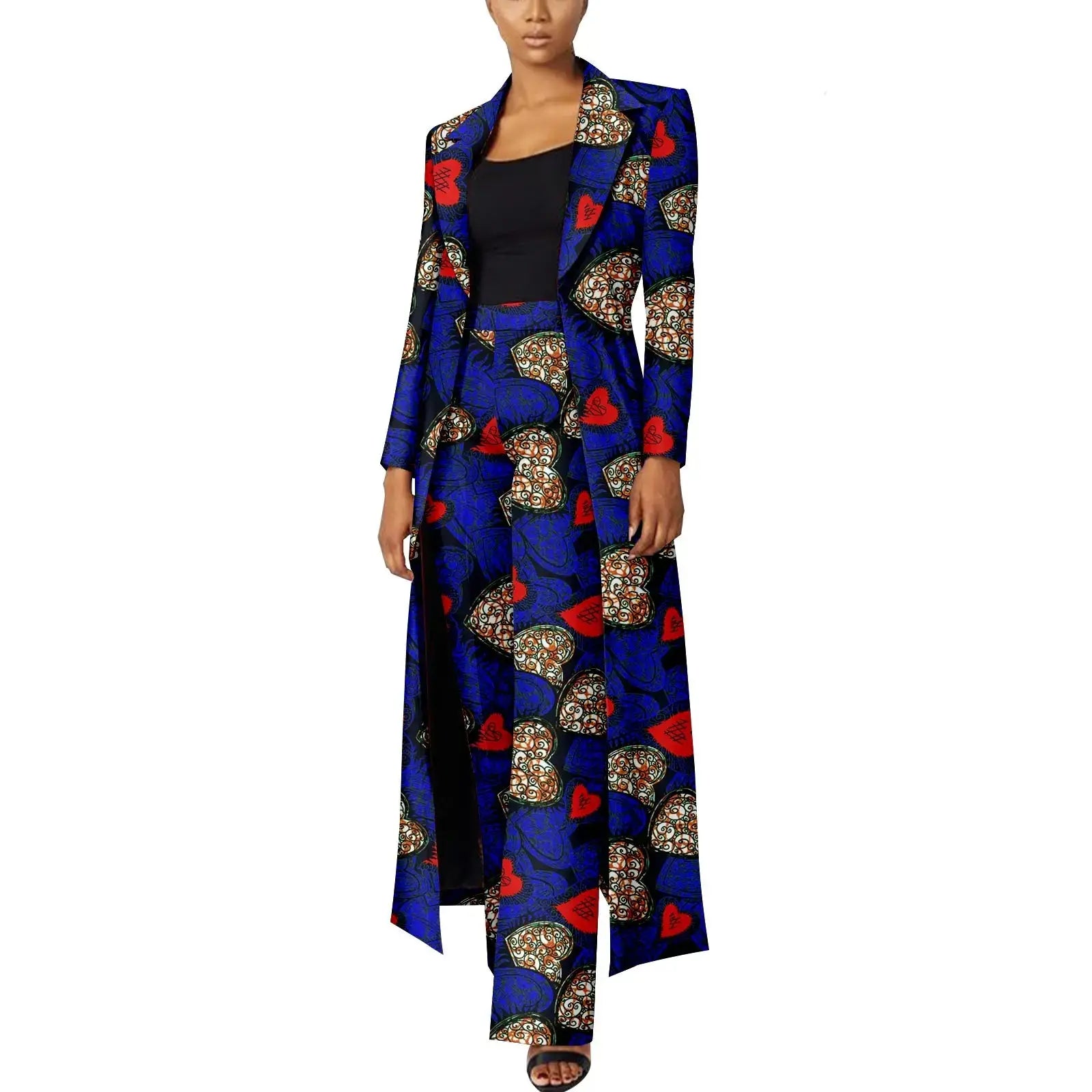 Elegant African Print Two-Piece Suit: Long Tailored Jacket & Wide Leg Pants - Ankara