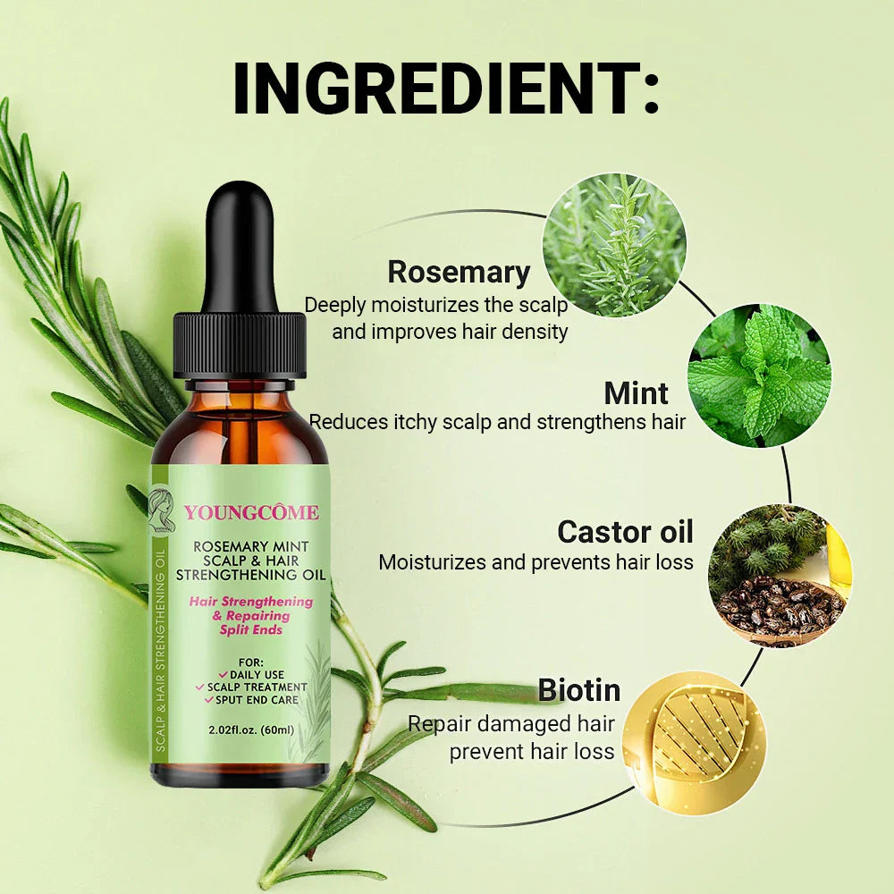 Youngcome rosemary mint scalp and hair strengthening oil with ingredient labels on a green background