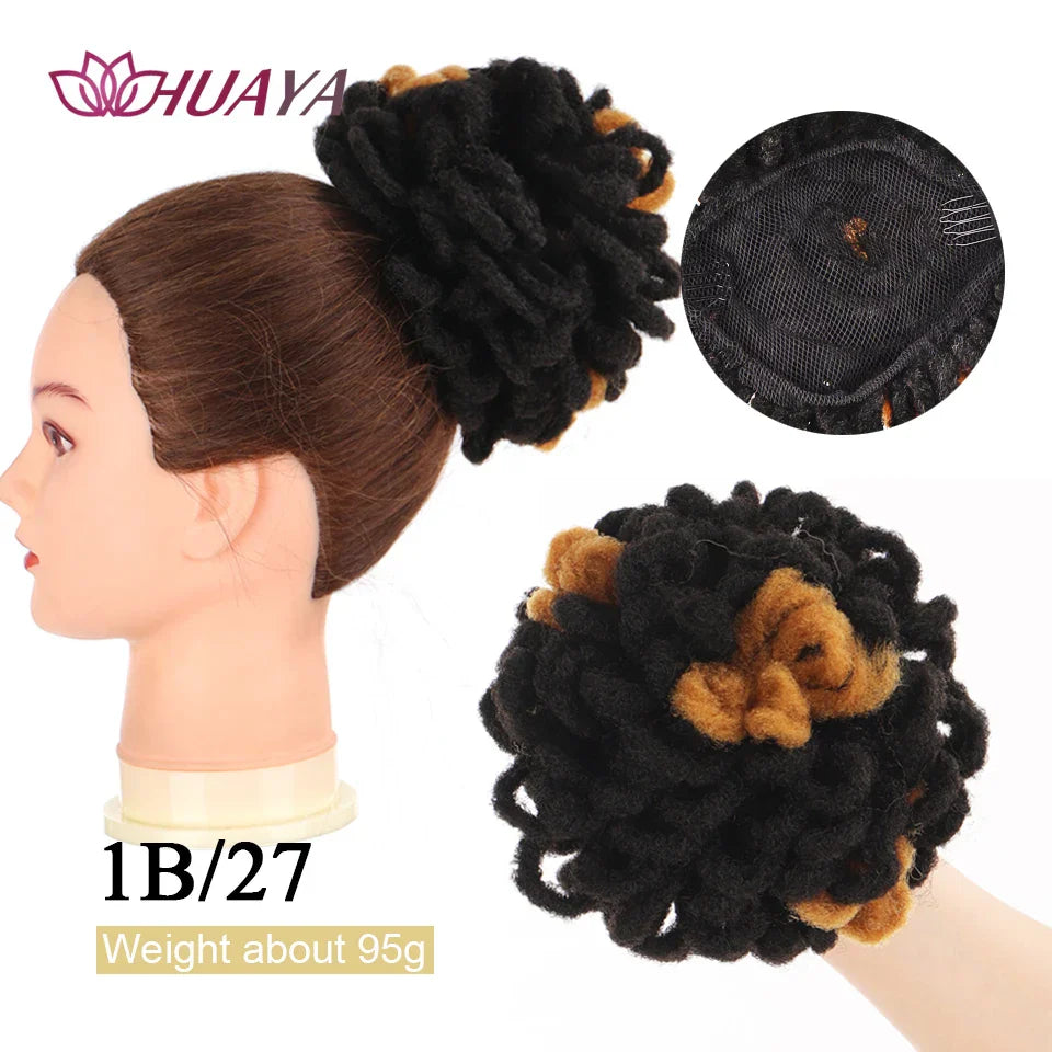 Black and caramel dreadlocks hair extensions loc bun with a secure net. Lightweight and easy to wear for a stylish look.