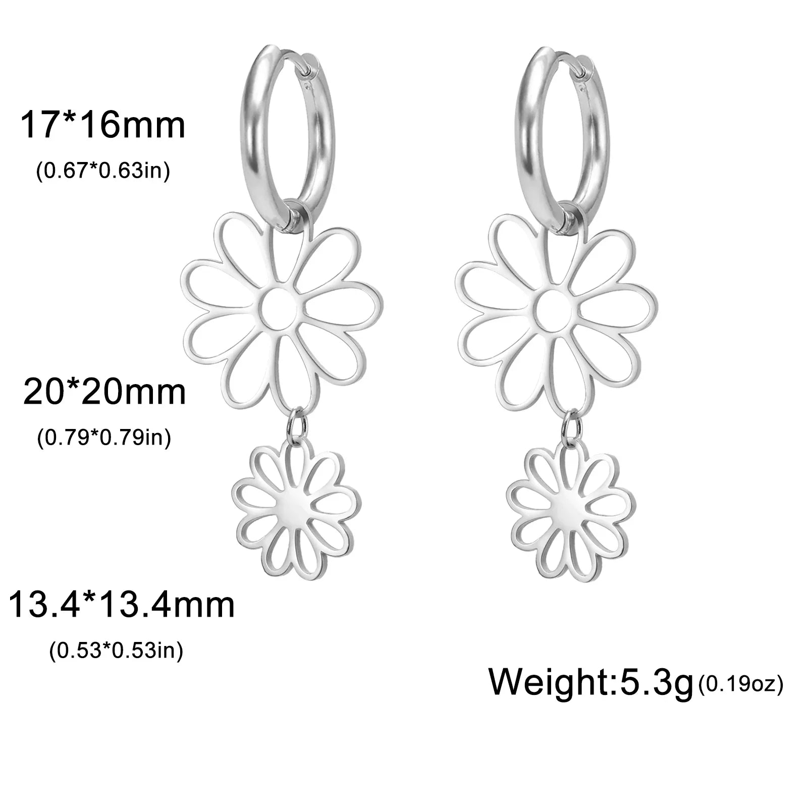 Silver flower drop earrings with size dimensions and weight details. Lightweight and stylish jewelry with a delicate floral design.