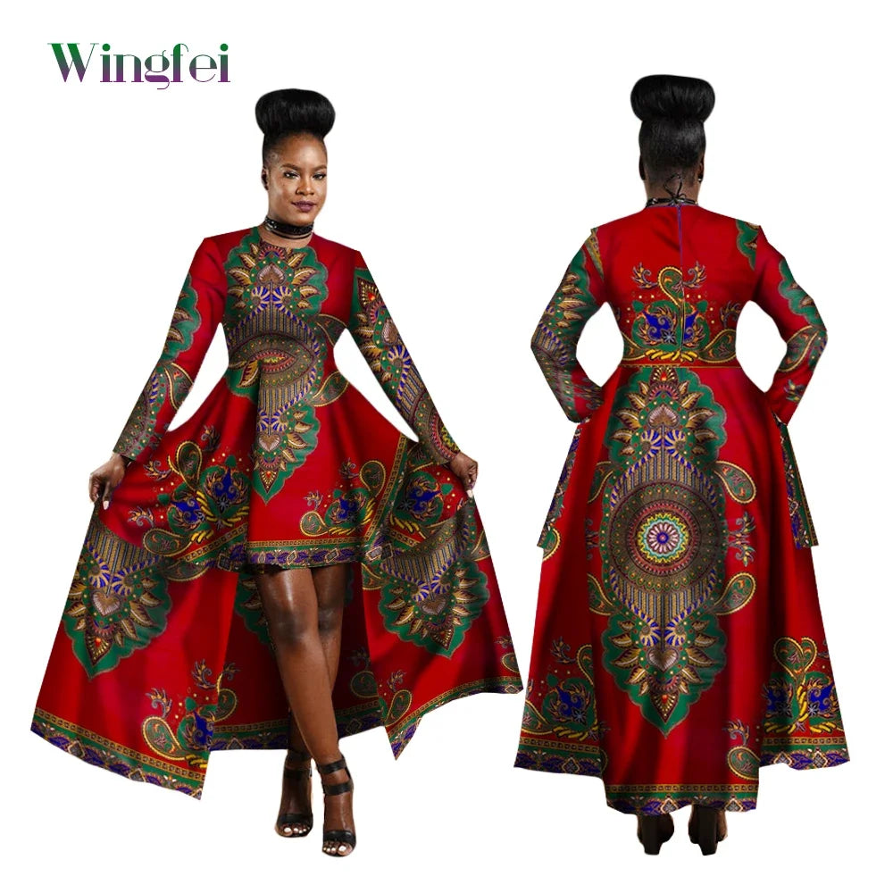 Robe Africaine Hi-Low Dashiki Vert, Or et Rouge pour orner toutes les morphologies du XS au 6X