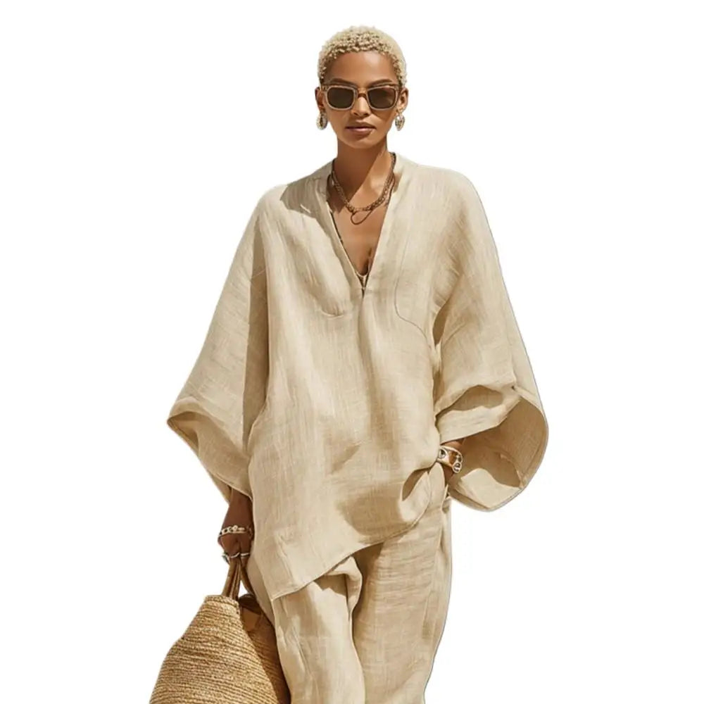 Women’s 2-Piece Linen Blend Lounge Set - Oversized Batwing Tunic & Tapered Joggers