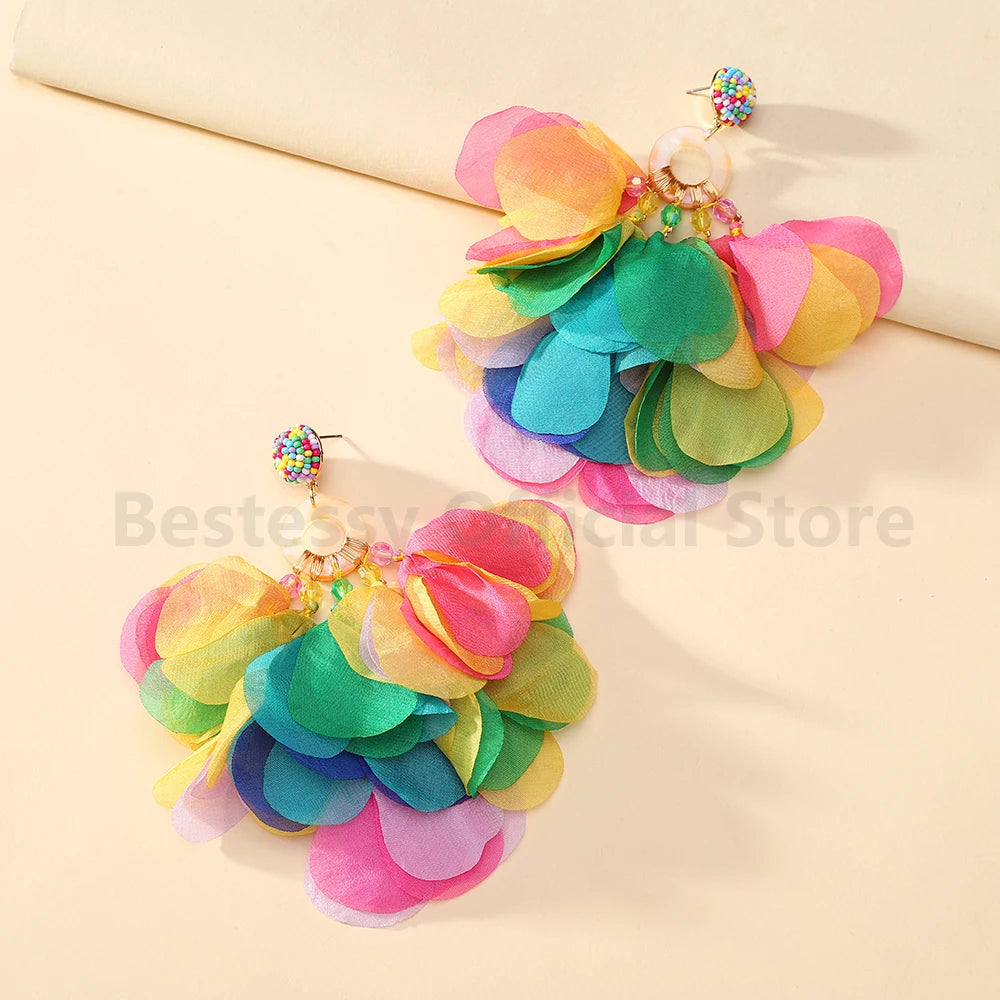 Oversized Fabric Petal Tassel Statement Earrings | Lightweight Floral Boho Drop Earrings for Women