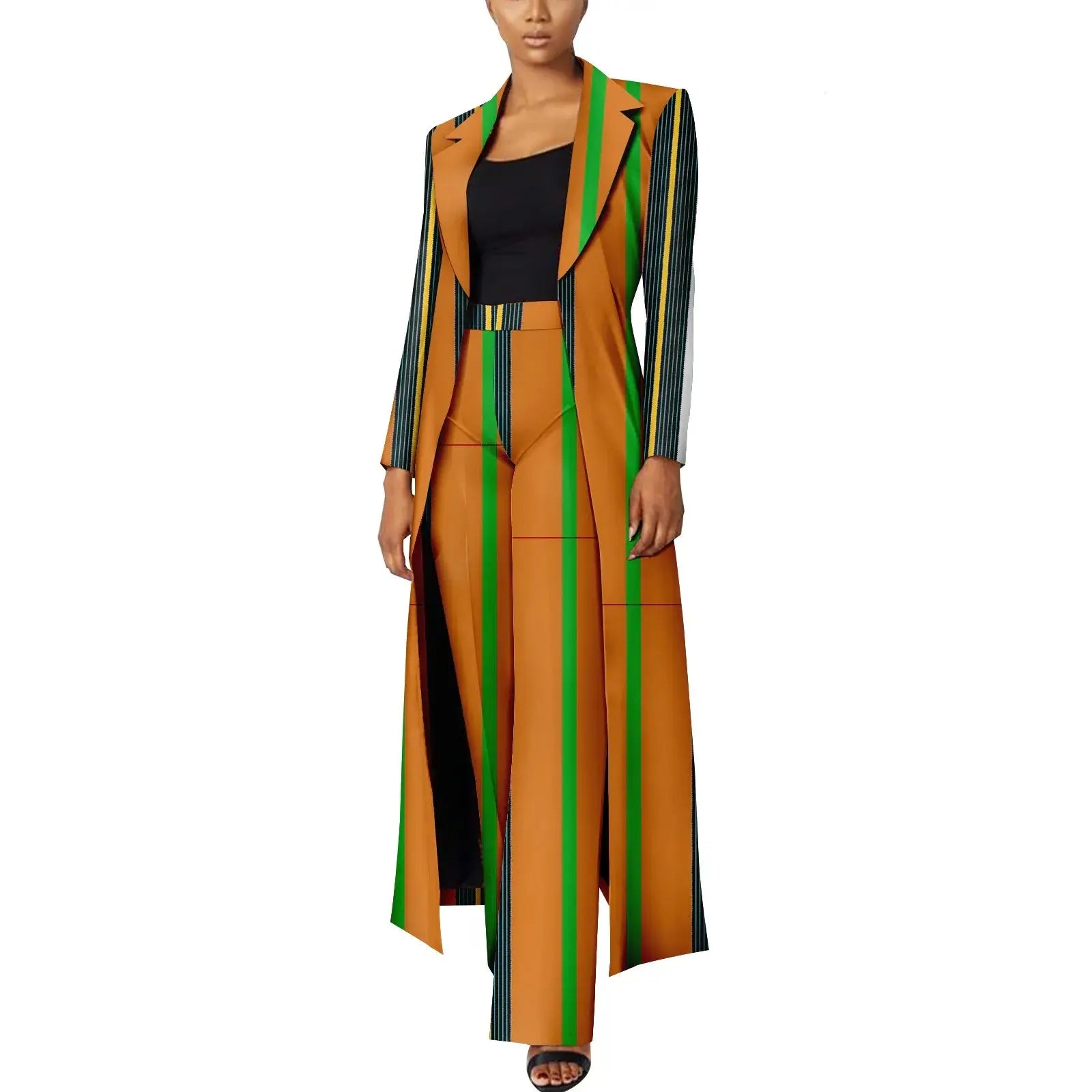 Elegant African Print Two-Piece Suit: Long Tailored Jacket & Wide Leg Pants - Ankara