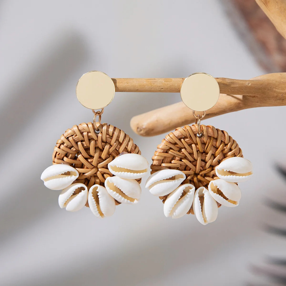Handmade Rattan & Cowrie Shell Drop Earrings | Boho Beach Statement Jewelry | Natural Woven Wicker Dangle Earrings with Wood Beads