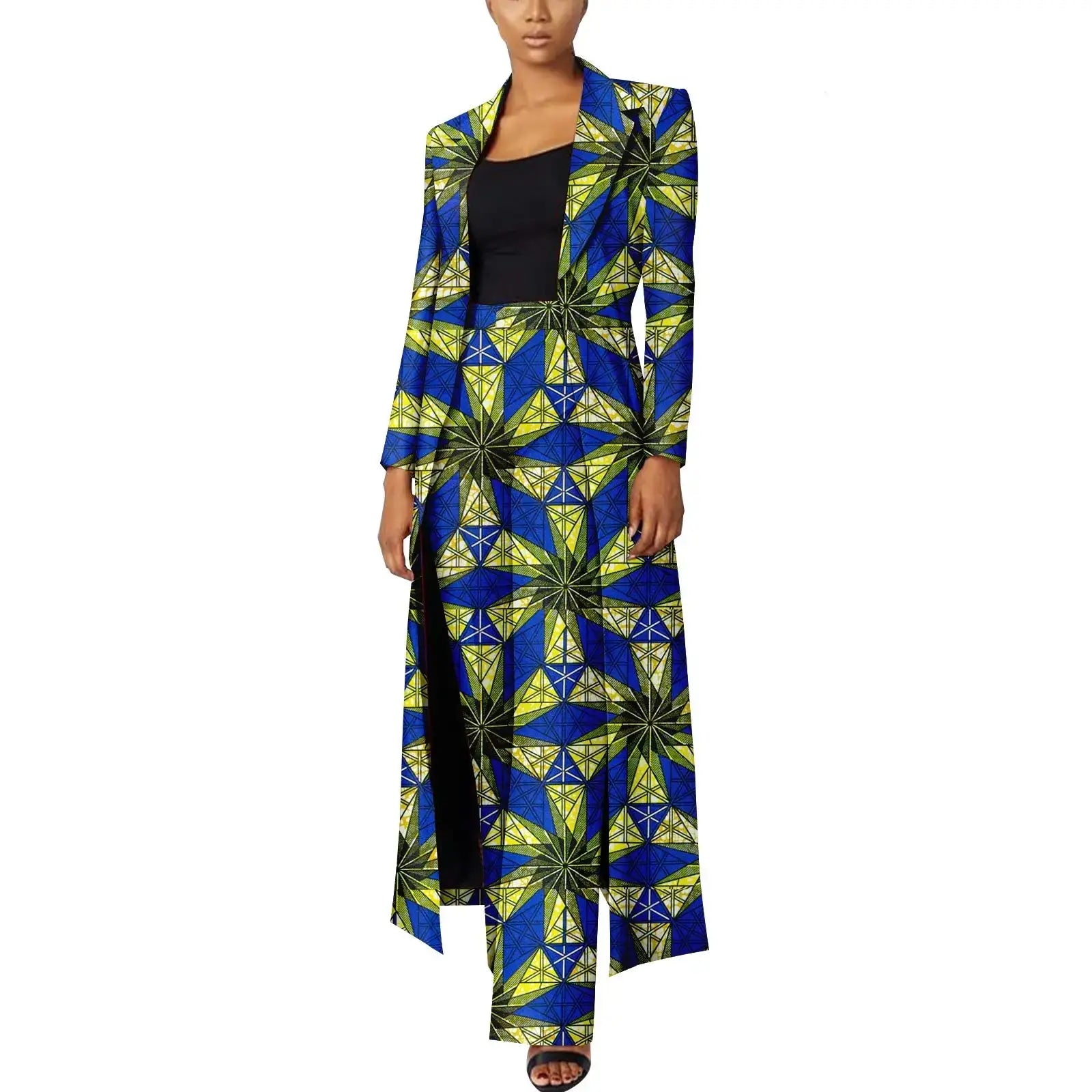 Elegant African Print Two-Piece Suit: Long Tailored Jacket & Wide Leg Pants - Ankara