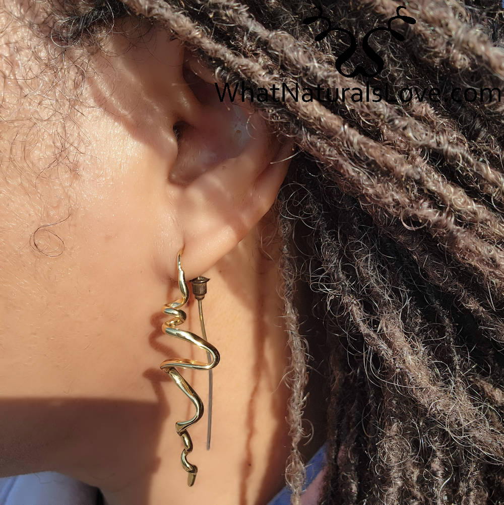 Gold Serenity Threader Earrings worn, showcasing their unique three-dimensional design. A stylish and elegant jewelry piece for Memorial Day 2024.