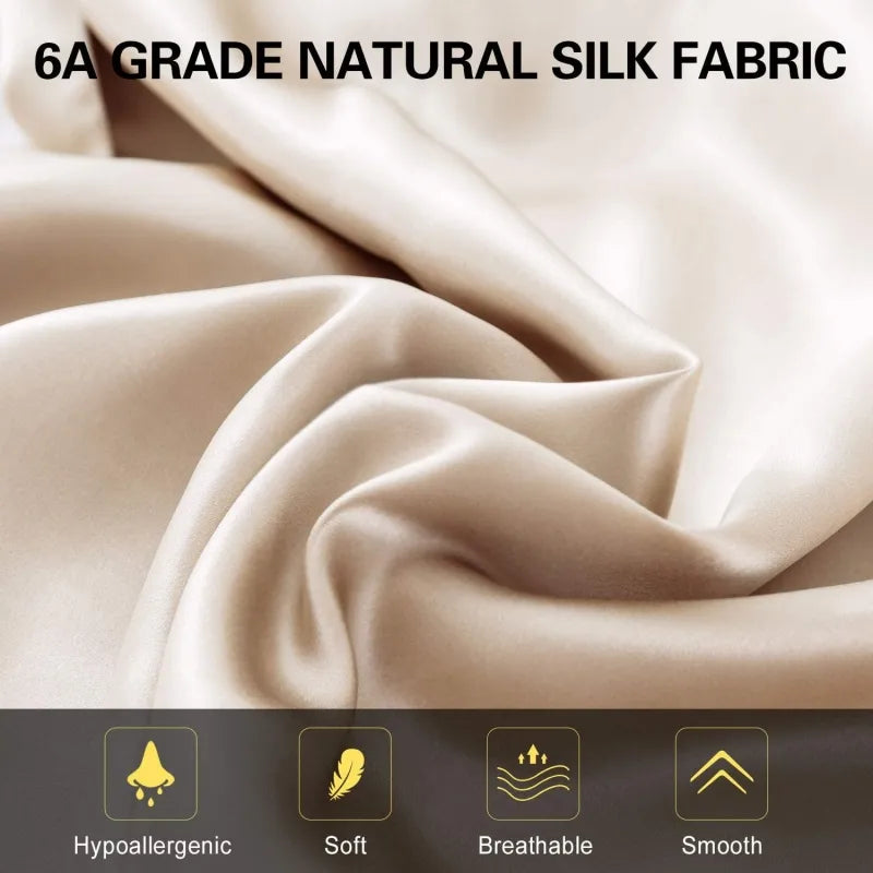 Close-up of 6A grade natural silk fabric in champagne color. Hypoallergenic, soft, breathable, and smooth for a luxurious sleeping experience.