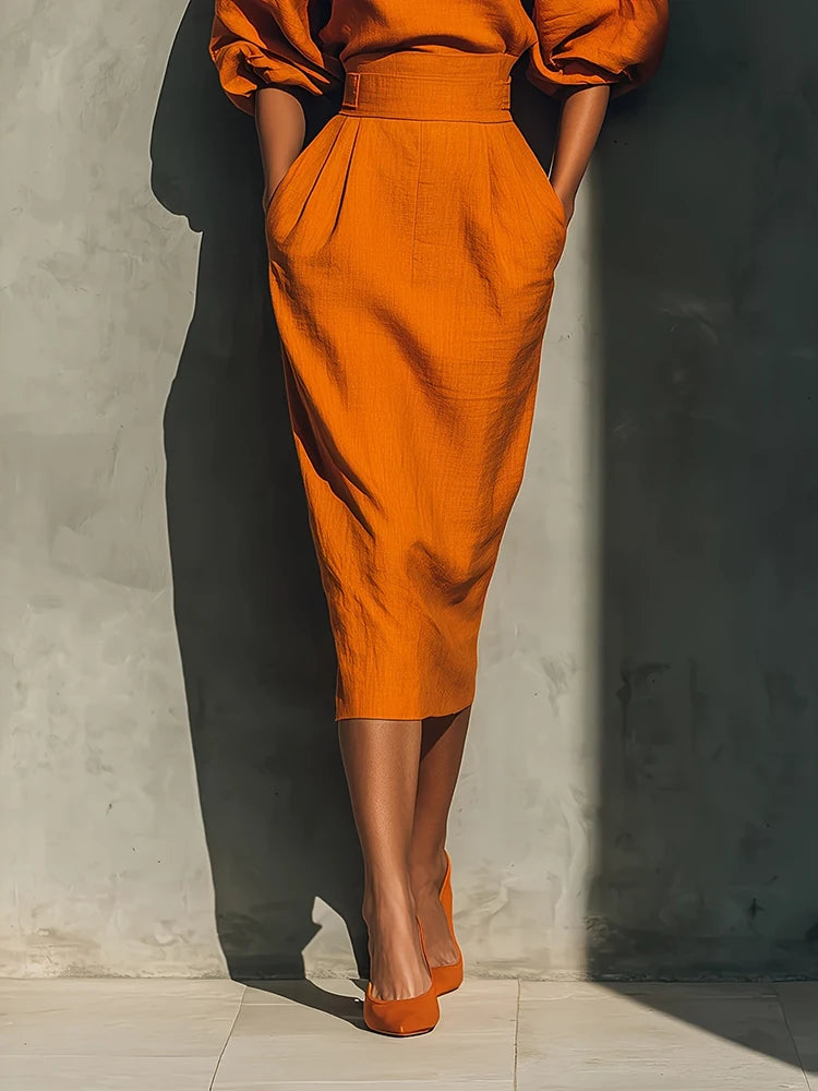 Elegant Puff Sleeve Midi Dress – High Waist African Inspired Dress
