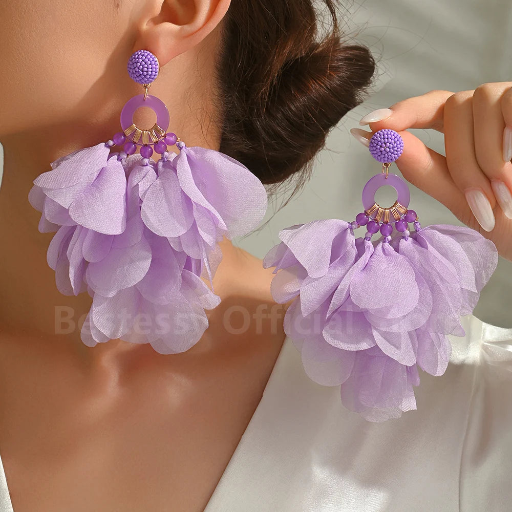 Oversized Fabric Petal Tassel Statement Earrings | Lightweight Floral Boho Drop Earrings for Women