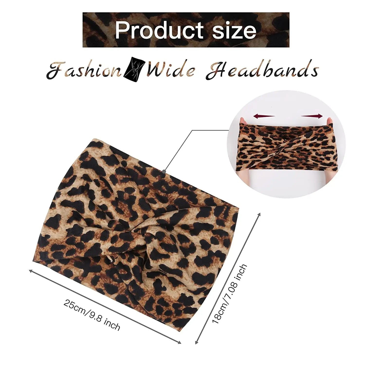 Leopard print headband with measurements on a white background