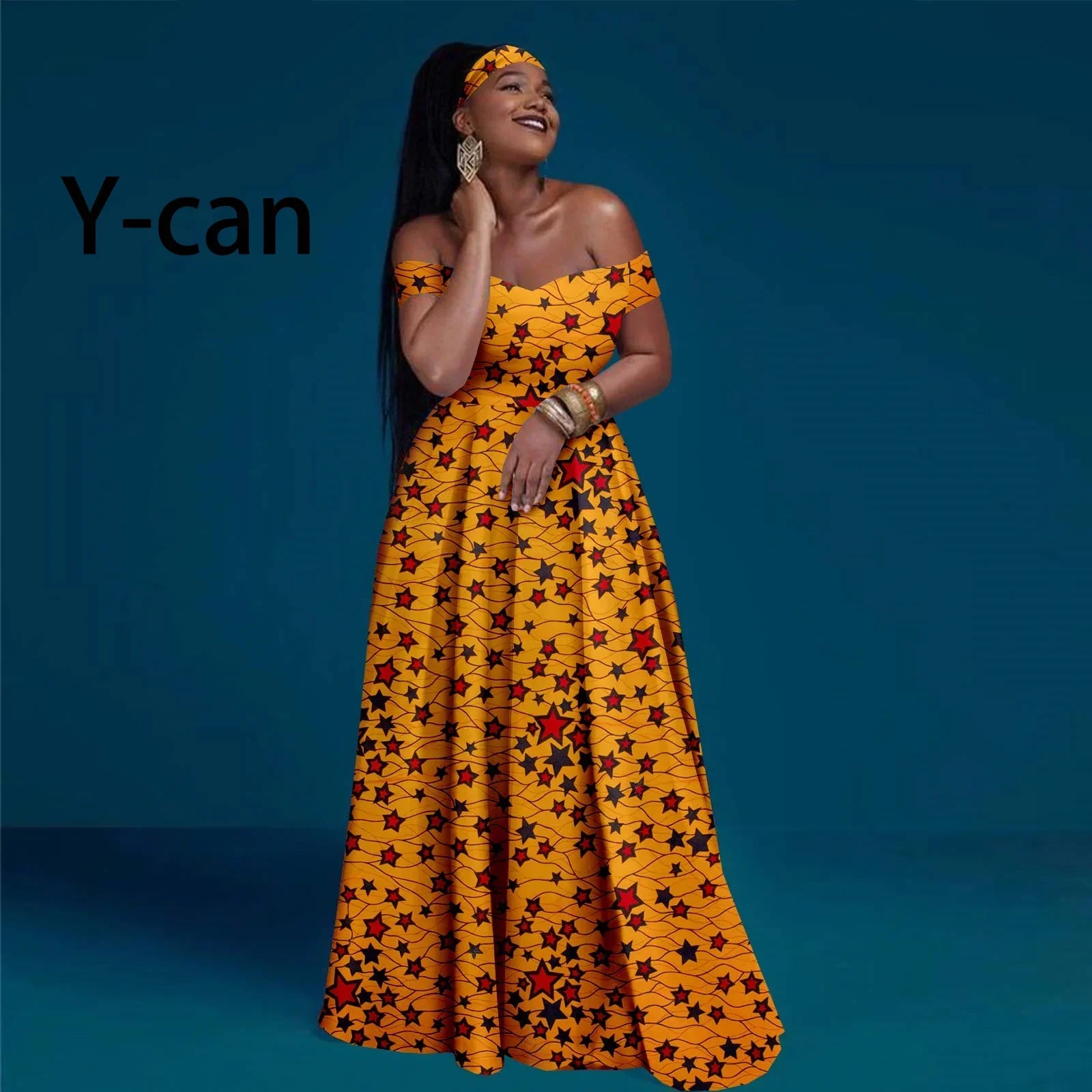 A-line African Dress Off Shoulder Sleeveless Gown with Headwrap