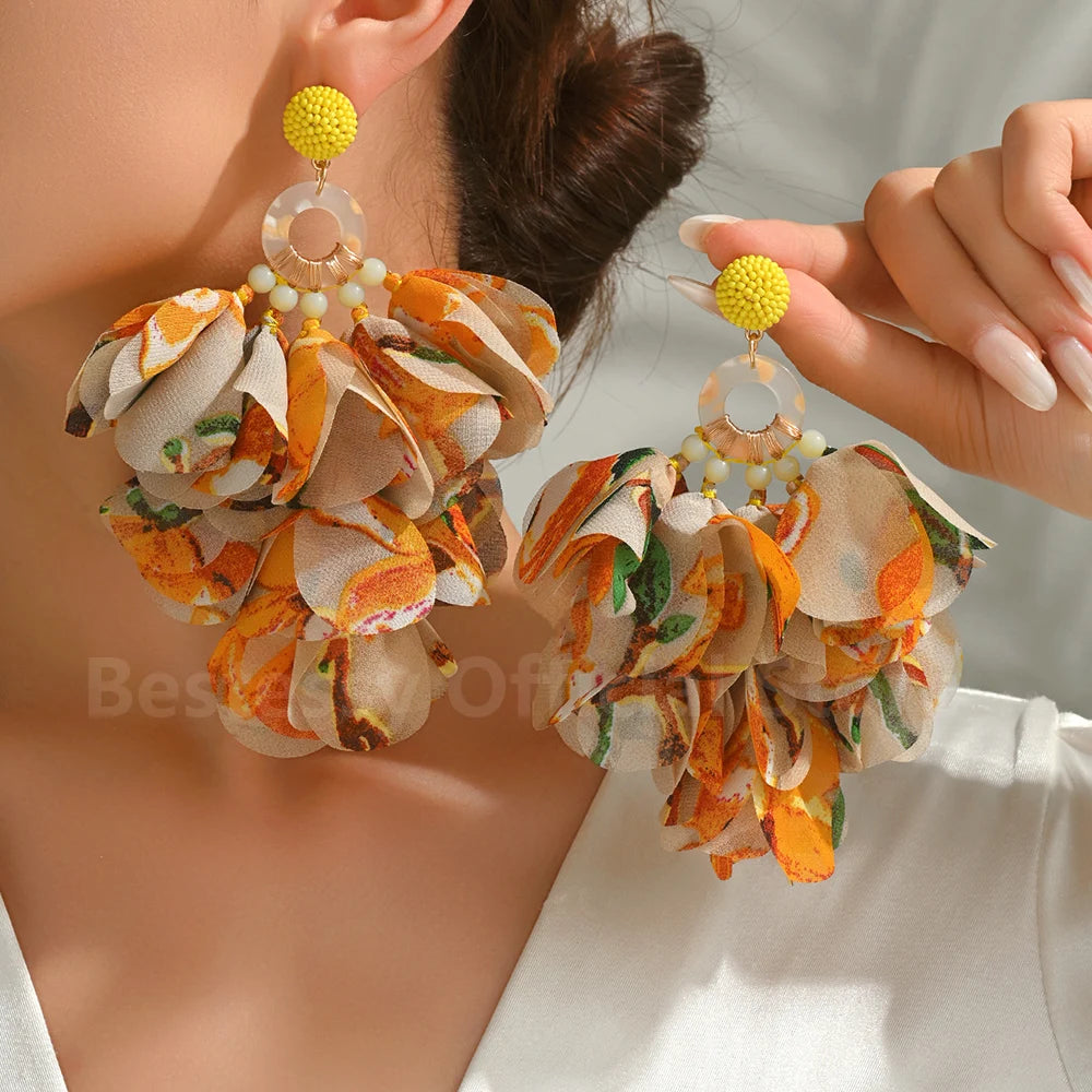 Oversized Fabric Petal Tassel Statement Earrings | Lightweight Floral Boho Drop Earrings for Women