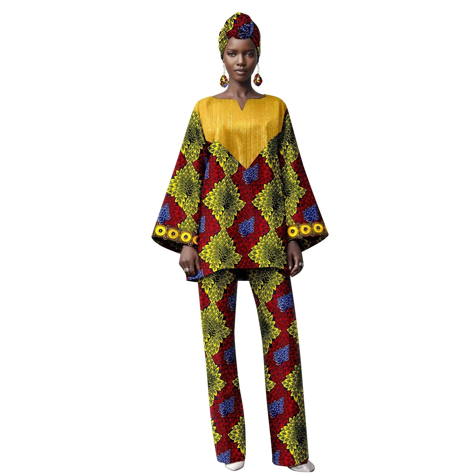 Woman wearing a colorful traditional outfit with a patterned headscarf on a white background.