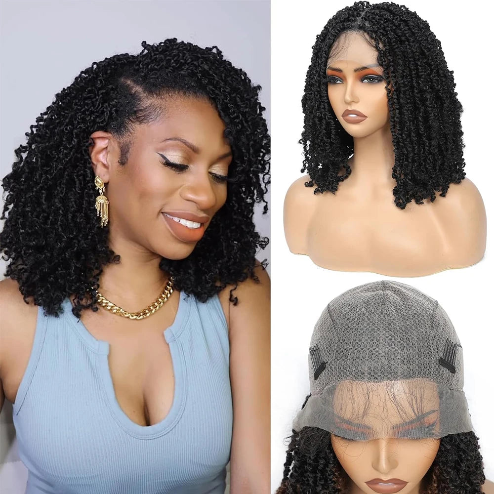Black curly wig on a mannequin head with a gray mesh cap, worn by a woman.