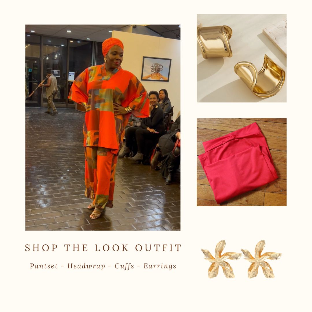 Complete vibrant pantset outfit with headwrap, gold cuffs, and floral earrings. A bold African-inspired fashion statement for any occasion.