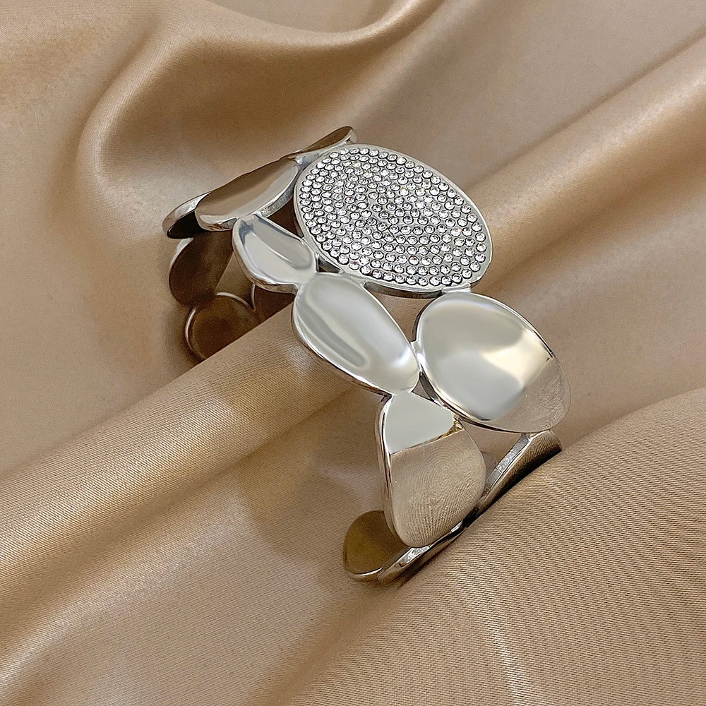 Silver Crystal Geometric Wide Cuff Bracelet