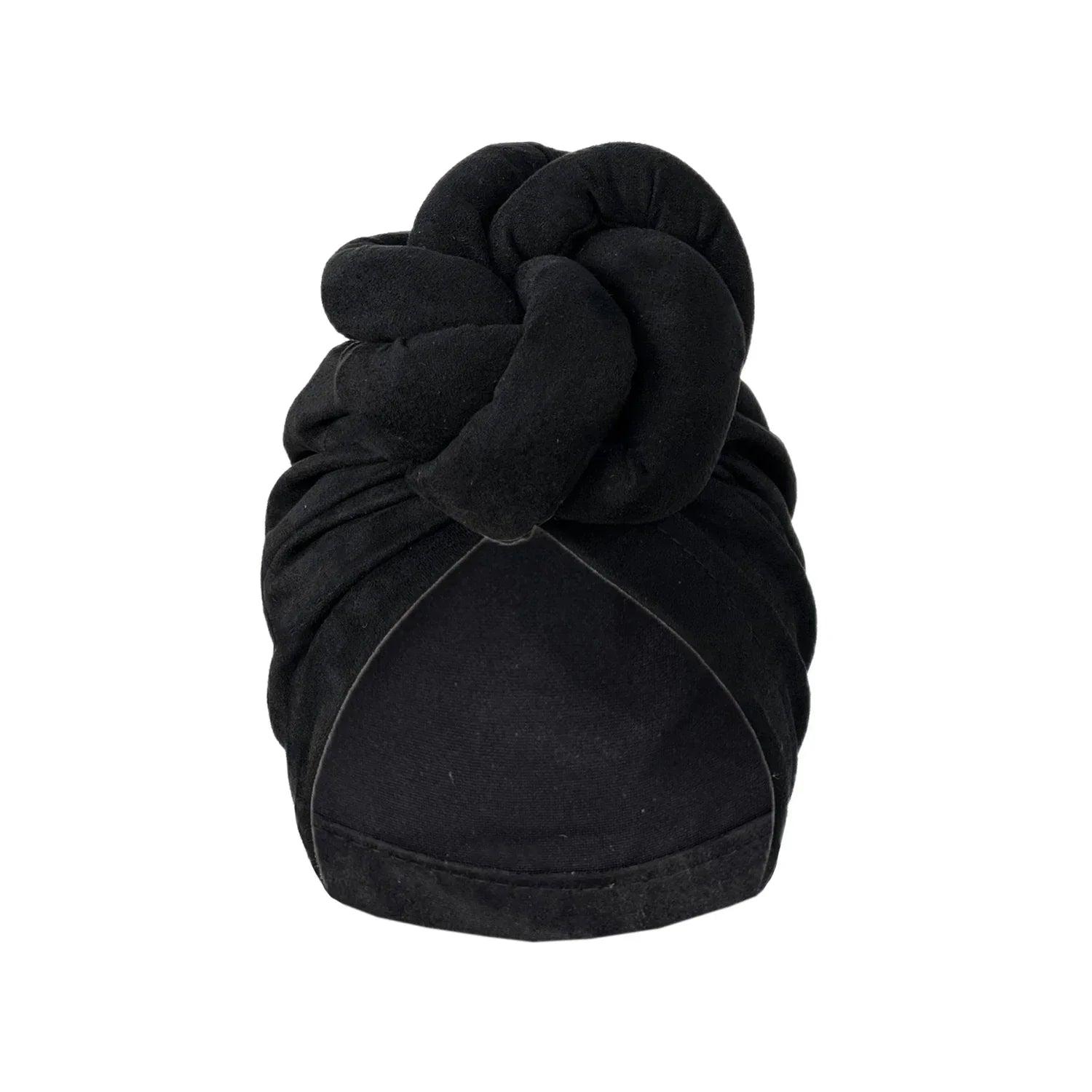 Black soft knotted turban headwrap with a pre-tied knot, providing a classic and versatile head covering option.