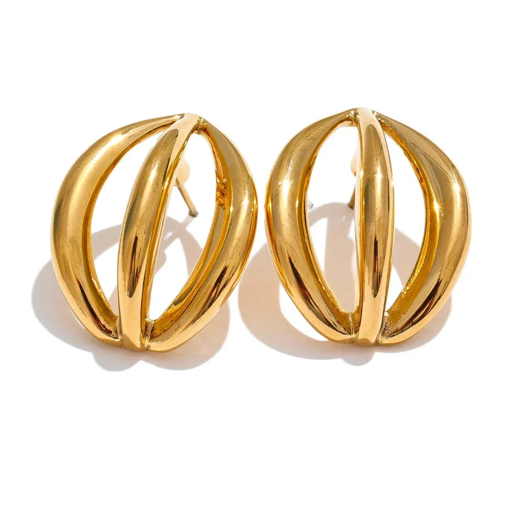 Gold stainless steel half-round geometric hollow stud earrings with a vintage-inspired design. Elegant and stylish jewelry for women.
