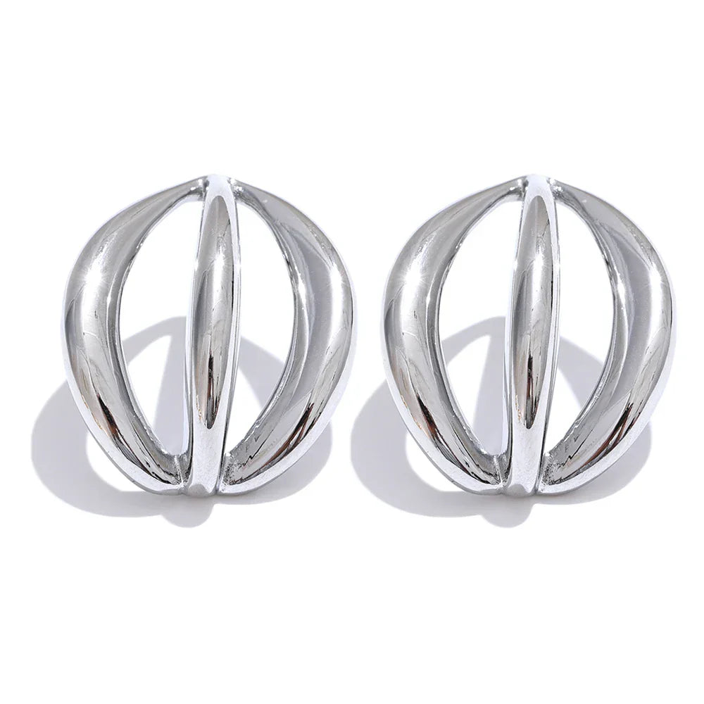 Silver stainless steel half-round geometric hollow stud earrings with a modern and vintage-inspired design. A stylish accessory for women.