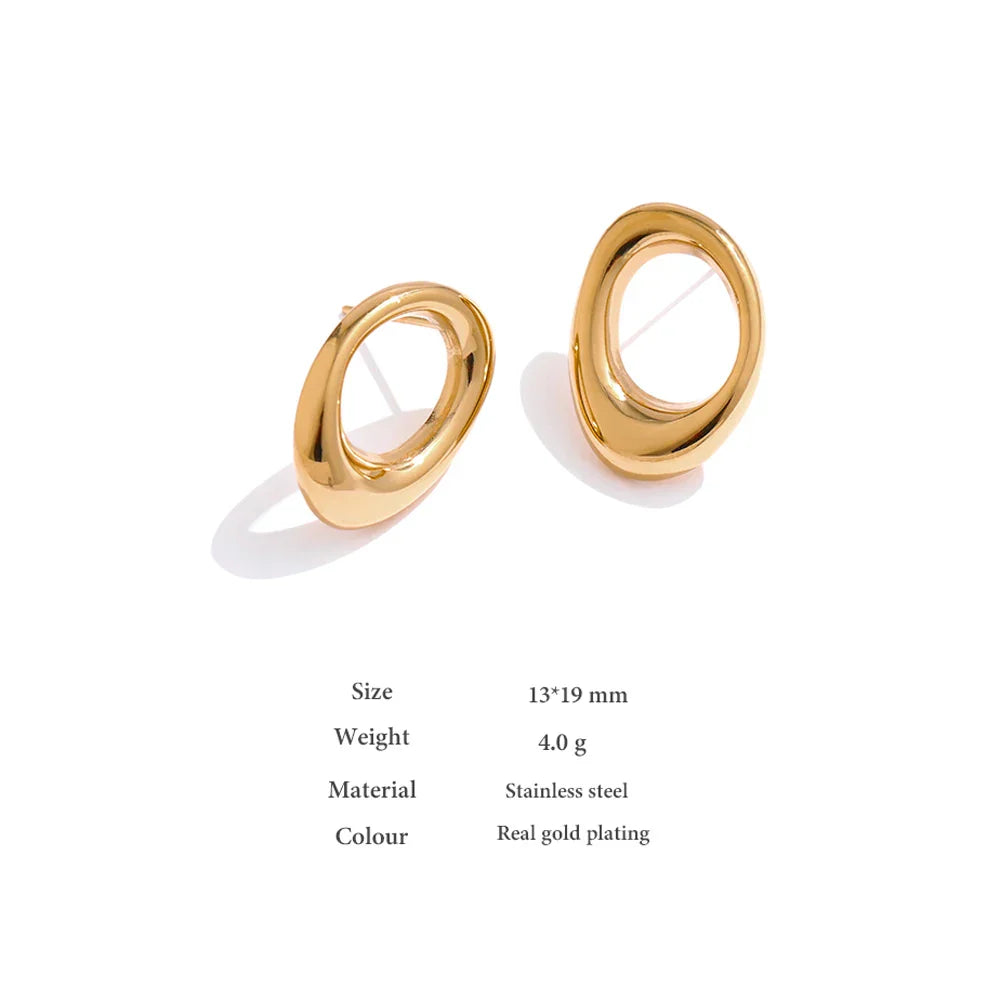 Gold stainless steel round hollow stud earrings with size and material details. Lightweight and stylish jewelry piece for women’s fashion.