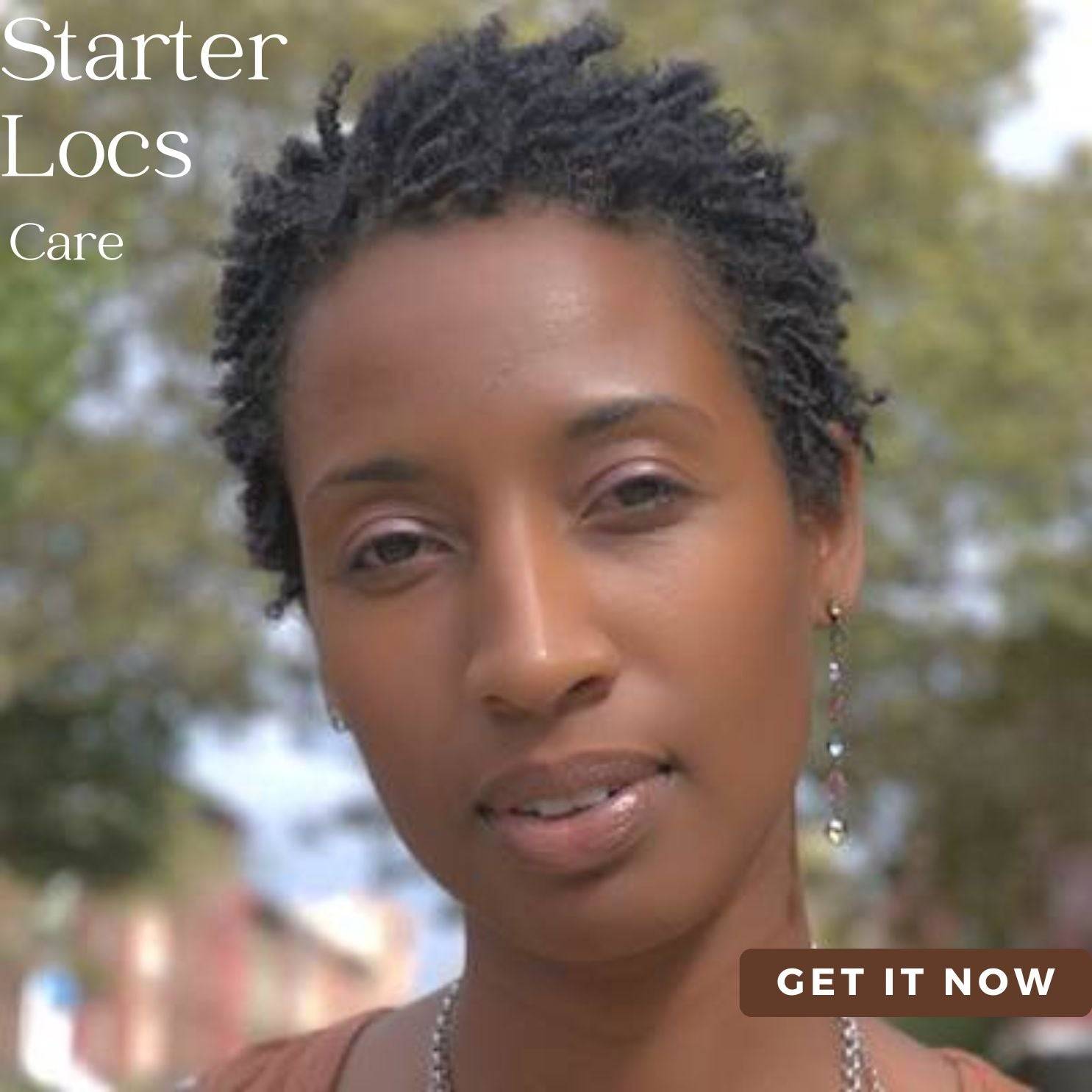 Woman with starter locs promoting the WNL Hair Serum & Silk Bonnet Bundle for nourishing scalp care and loc maintenance.