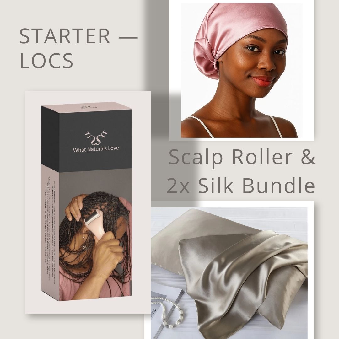 Starter Locs Care Bundle featuring scalp roller, pink silk bonnet, and silk pillowcase for hair protection and growth support.