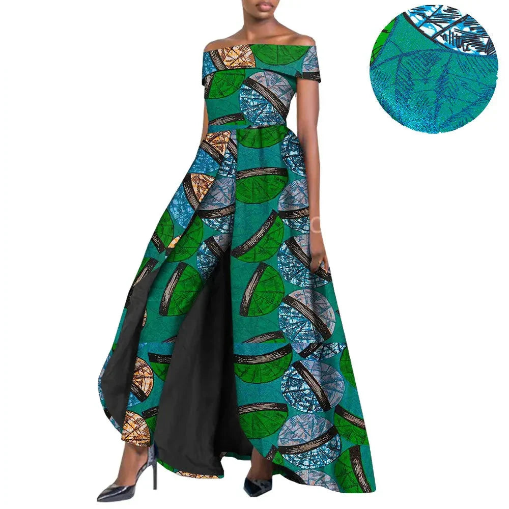 Elegant African print maxi dress for women in green and teal multicolor. Features an off-shoulder neckline, flowing skirt, and bold geometric patterns.