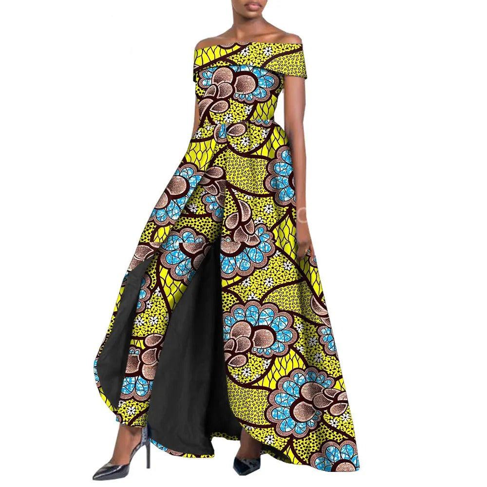 Stylish African pantsuit for women in yellow and blue floral print, featuring an off-shoulder design with a flowing, elegant silhouette.