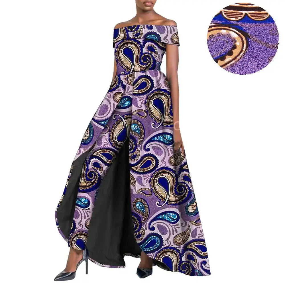 Sophisticated African pantsuit for women in purple paisley print. Off-shoulder top with a flowing cape, crafted from breathable 100% cotton fabric.
