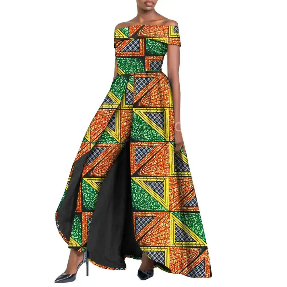 Chic African pantsuit for women in orange and green geometric print. Off-shoulder design with a dramatic cape, perfect for bold and stylish fashion statements.