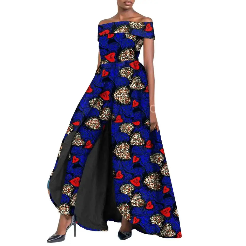 Chic African pantsuit for women in blue and red heart print. Off-shoulder design with a dramatic cape, perfect for bold and stylish fashion statements.