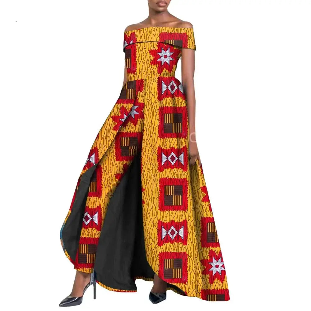 Chic African pantsuit for women in yellow and red geometric print. Off-shoulder design with a dramatic cape, perfect for bold and stylish fashion statements.