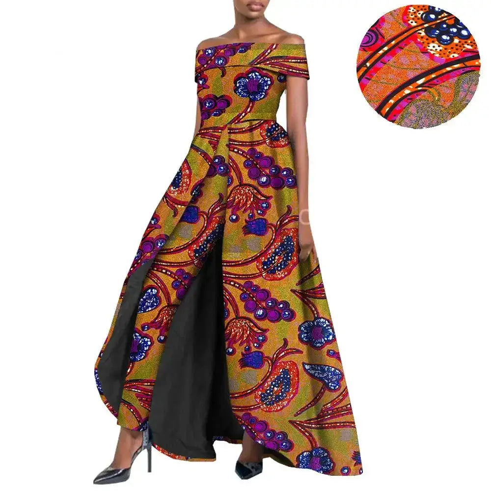 Vibrant African pantsuit for women in mustard and red print. Off-shoulder design with a long cape, ideal for elegant and powerful fashion looks.