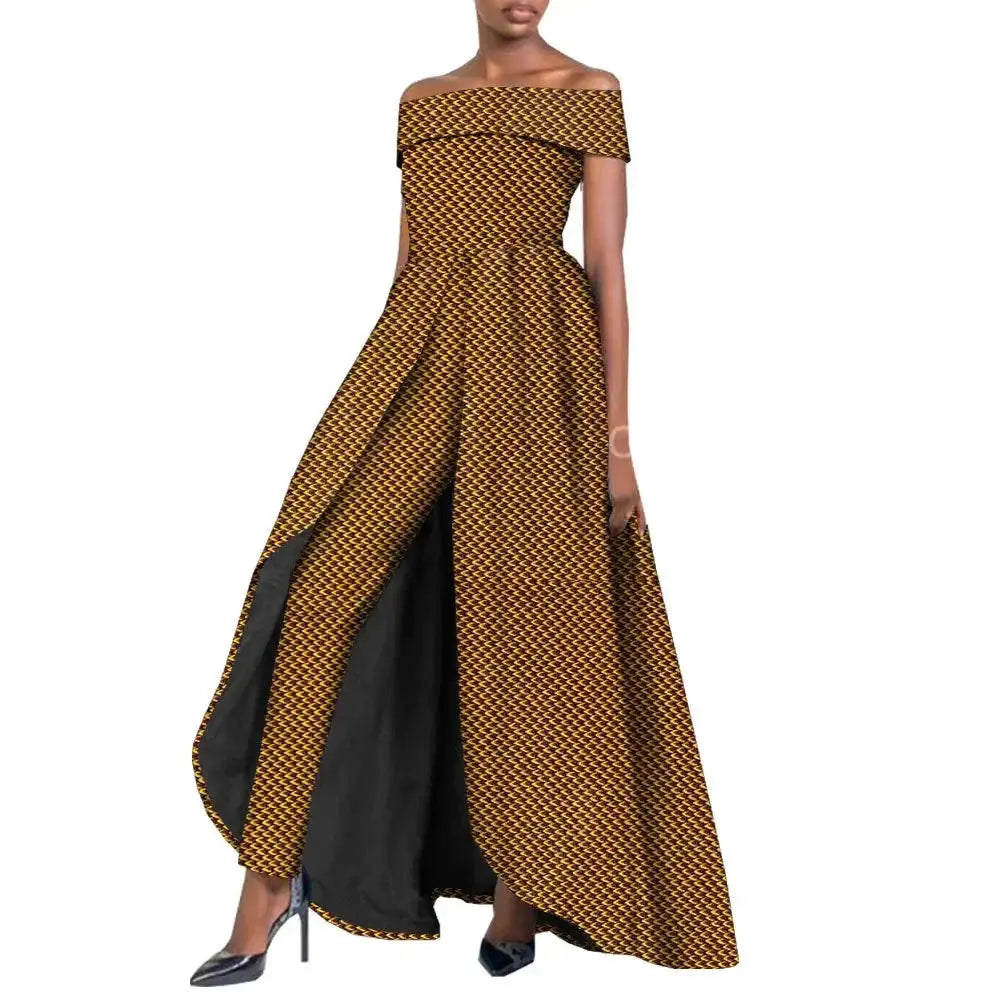 Stylish African pantsuit for women in mustard and black checkered print. Off-shoulder top with a dramatic cape, tailored for a custom fit in 100% cotton.